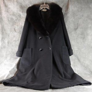 VTG PAVILION 50s-60s Full Length Black Wool Coat Black Fur* Collar MED* EUC ANB